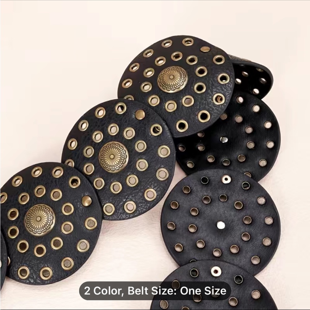 Round Boho Western BELT Medallion Dark Brown or Black Concho Disc PU Leather - Picture 10 of 10